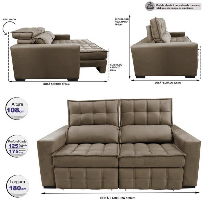 Sofá Retrátil e Reclinável 1,80m Molas Ensacadas e Costura Tripla Cama inBox Japão Velusoft Castor - 2