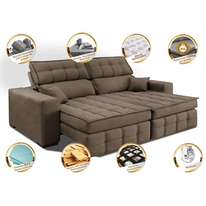 Sofá Retrátil e Reclinável 1,80m Molas Ensacadas e Costura Tripla Cama inBox Japão Velusoft Castor - 3