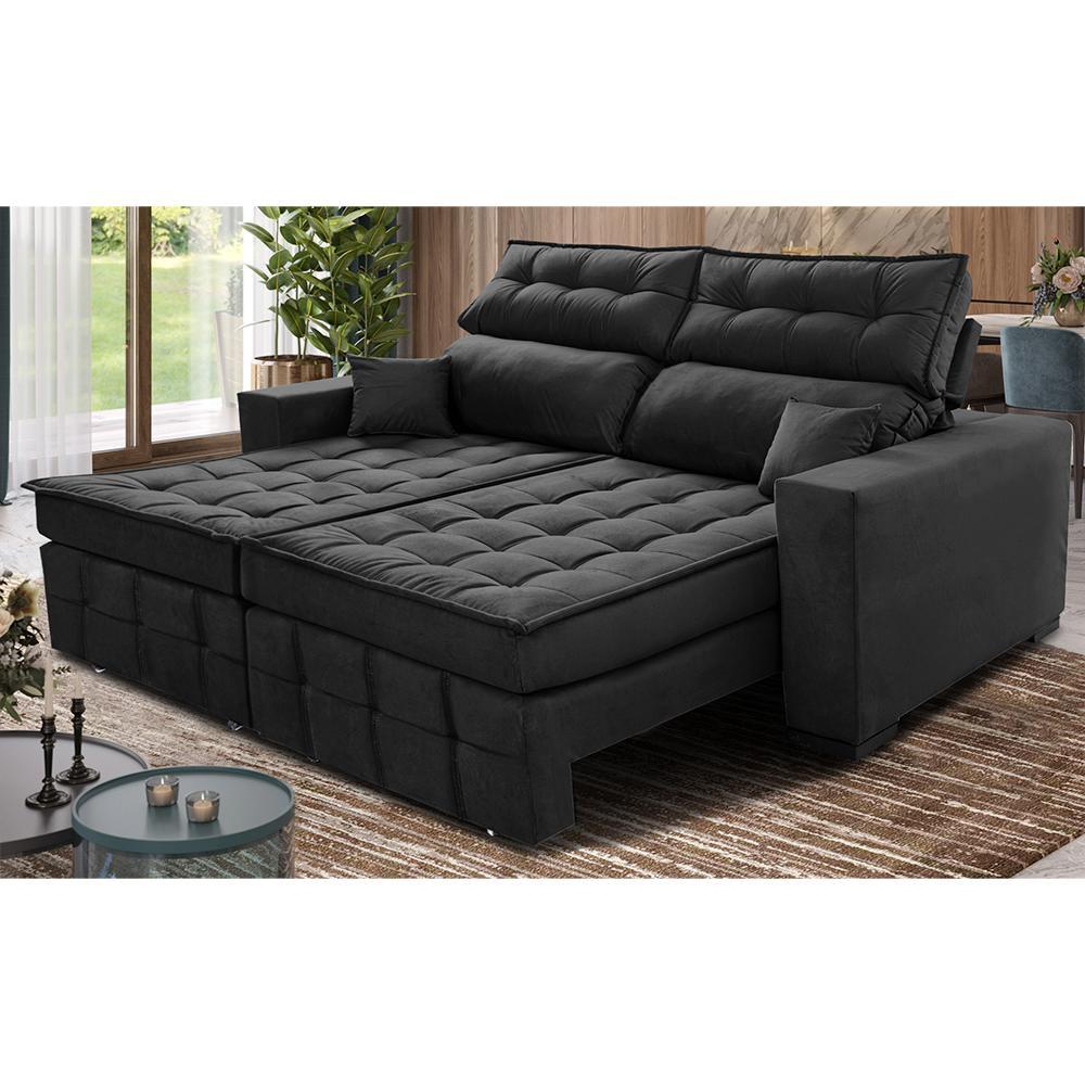Sofá Retrátil e Reclinável 1,80m Molas Ensacadas e Costura Tripla Cama inBox Japão Velusoft Preto - 1