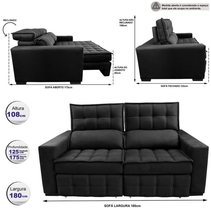 Sofá Retrátil e Reclinável 1,80m Molas Ensacadas e Costura Tripla Cama inBox Japão Velusoft Preto - 2