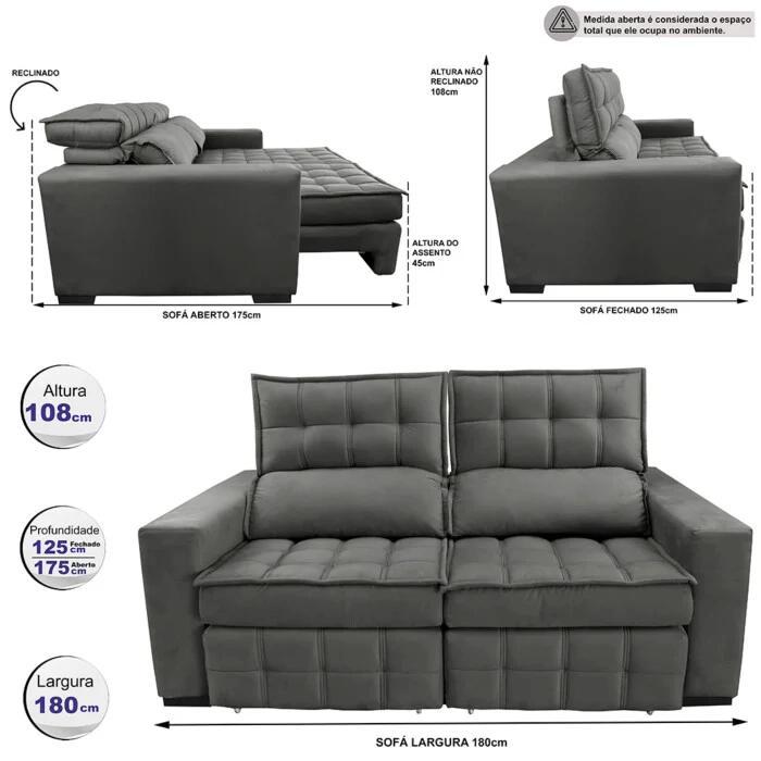 Sofá Retrátil e Reclinável 1,80m Molas Ensacadas e Costura Tripla Cama inBox Japão Velusoft Cinza - 2