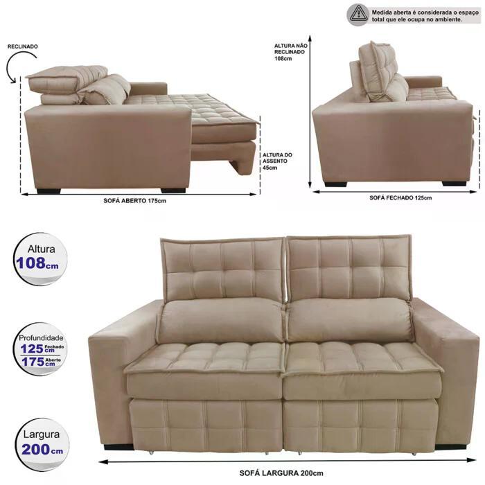 Sofá Retrátil e Reclinável 2,00m Molas Ensacadas e Costura Tripla Cama inBox Japão Velusoft Bege - 2