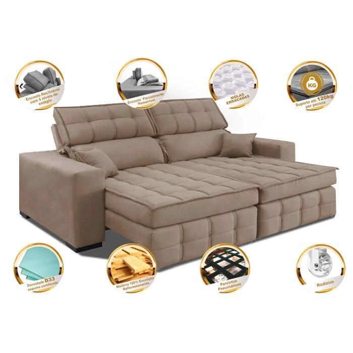 Sofá Retrátil e Reclinável 2,00m Molas Ensacadas e Costura Tripla Cama inBox Japão Velusoft Bege - 3