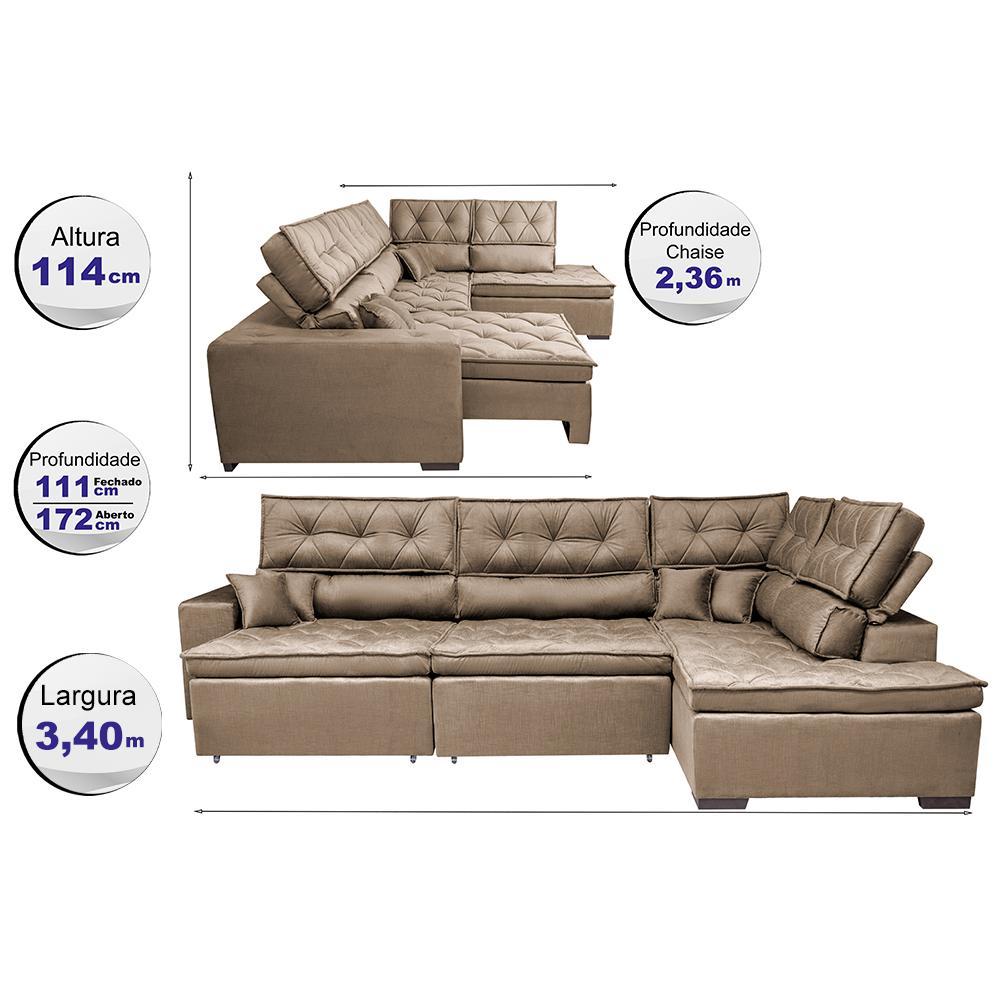 Sofá de Canto Retrátil e Reclinável Direito 3,40x2,36m Molas Cama inBox Espanha Velusoft Castor - 2
