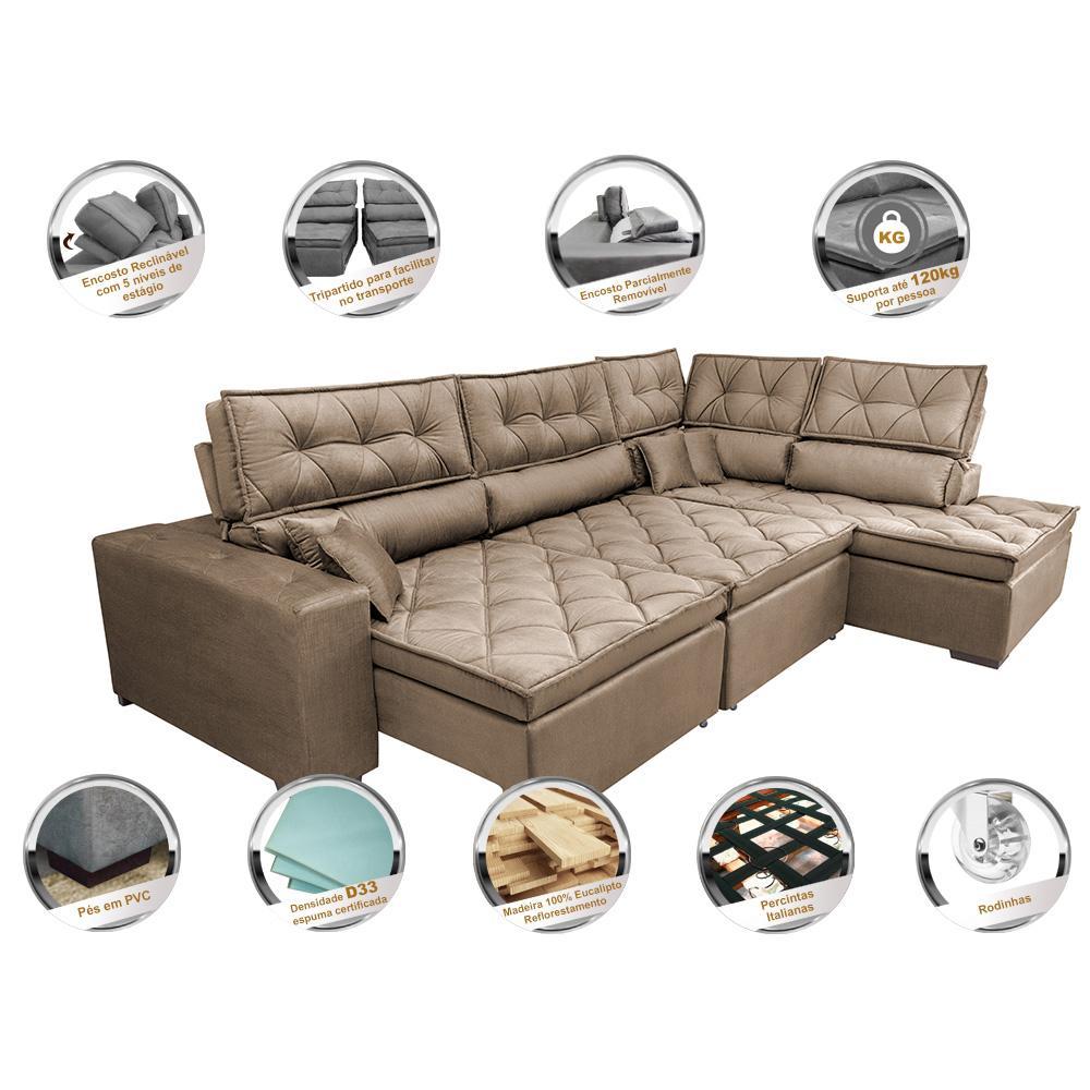 Sofá de Canto Retrátil e Reclinável Direito 3,40x2,36m Molas Cama inBox Espanha Velusoft Castor - 3