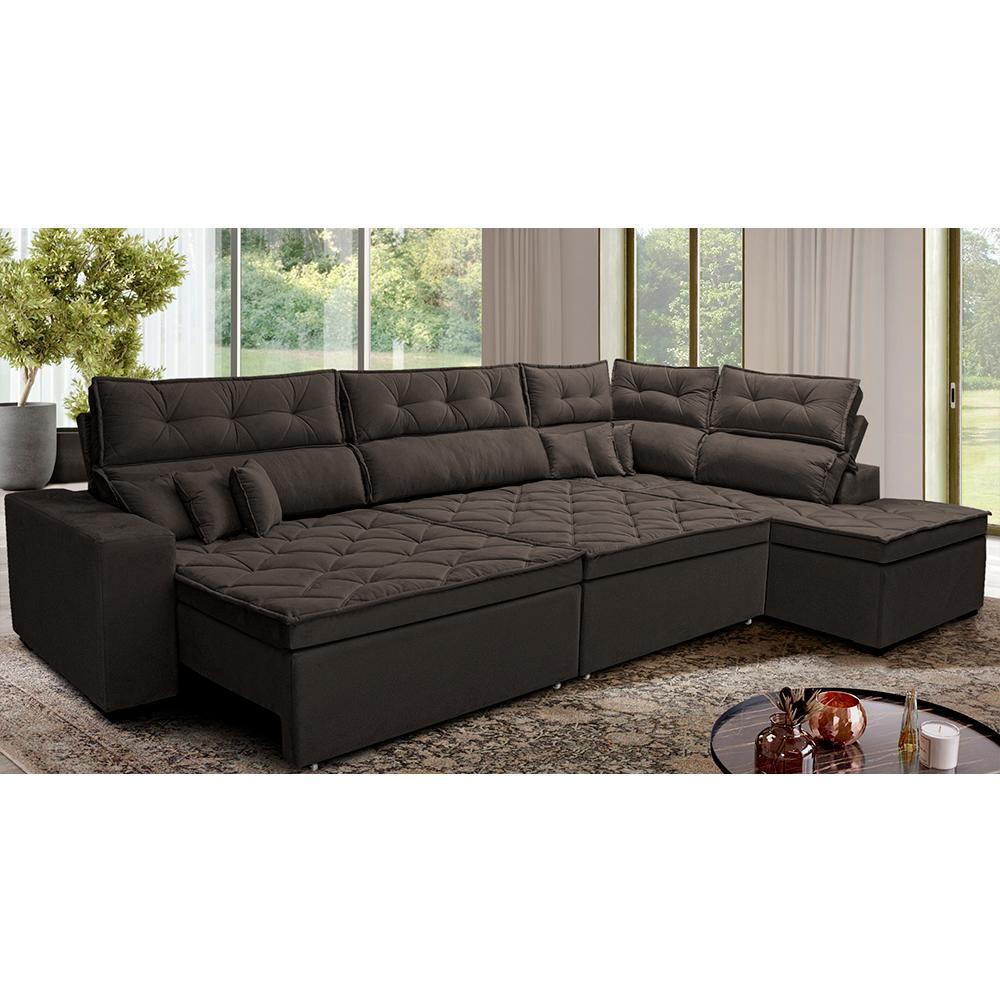 Sofá de Canto Retrátil e Reclinável Direito 3,40x2,36m Molas Cama inBox Espanha Velusoft Café - 1