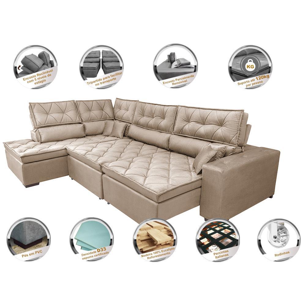 Sofá de Canto Retrátil e Reclinável Esquerdo 3,00x2,36m Molas Cama inBox Espanha Velusoft Bege - 3