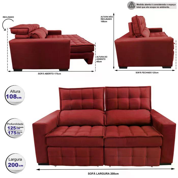 Sofá Retrátil e Reclinável 2,00m Molas Ensacadas e Costura Tripla Cama inBox Japão Velusoft Vermelho - 2