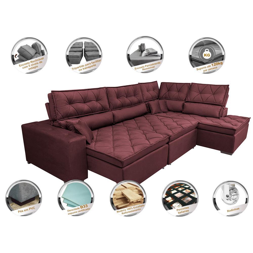 Sofá de Canto Retrátil e Reclinável Direito 3,40x2,36m Molas Cama inBox Espanha Velusoft Vinho - 3