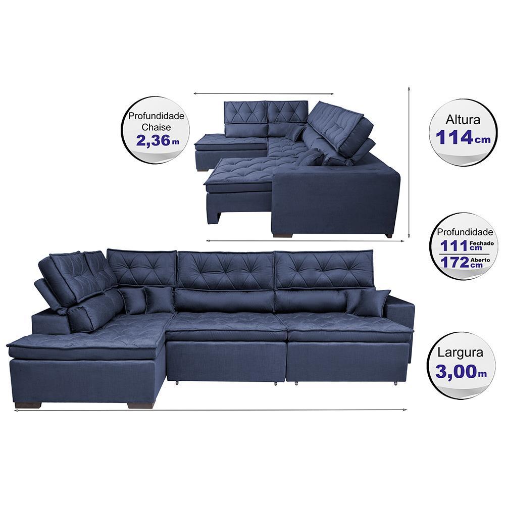 Sofá de Canto Retrátil e Reclinável Esquerdo 3,00x2,36m Molas Cama inBox Espanha Velusoft Azul - 2