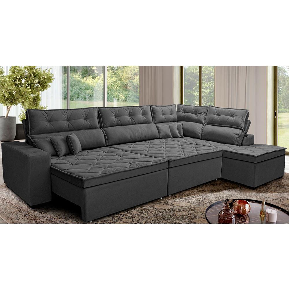 Sofá de Canto Retrátil e Reclinável Direito 3,40x2,36m Molas Cama inBox Espanha Velusoft Cinza - 1