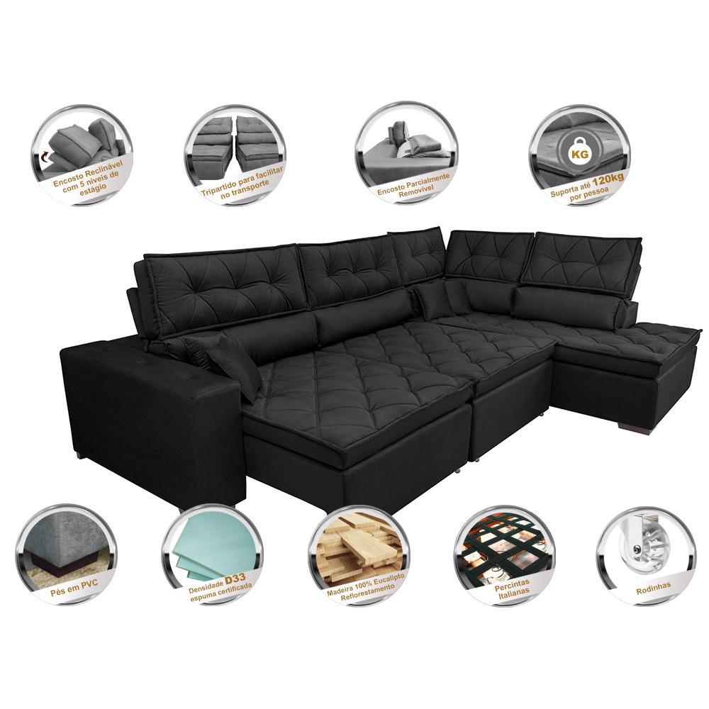 Sofá de Canto Retrátil e Reclinável Direito 3,40x2,36m Molas Cama inBox Espanha Velusoft Preto - 3