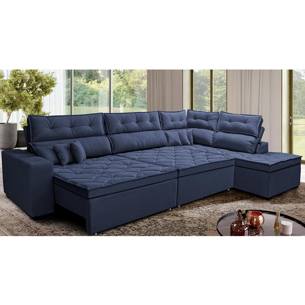 Sofá de Canto Retrátil e Reclinável Direito 3,40x2,36m Molas Cama inBox Espanha Velusoft Azul - 1