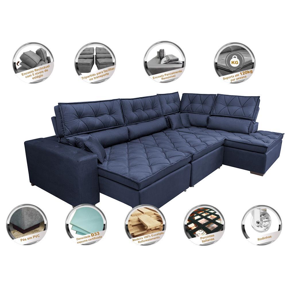 Sofá de Canto Retrátil e Reclinável Direito 3,40x2,36m Molas Cama inBox Espanha Velusoft Azul - 3
