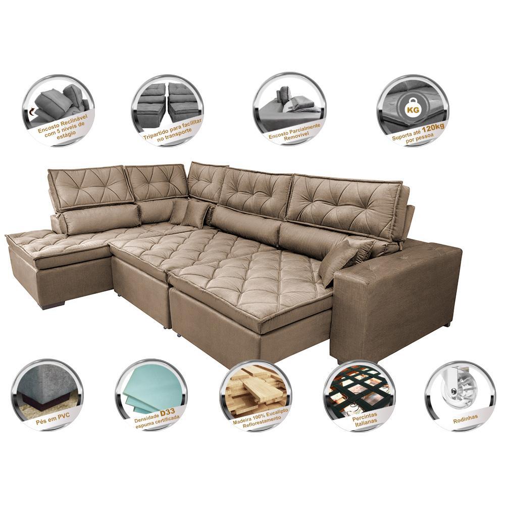 Sofá de Canto Retrátil e Reclinável Esquerdo 3,00x2,36m Molas Cama inBox Espanha Velusoft Castor - 3