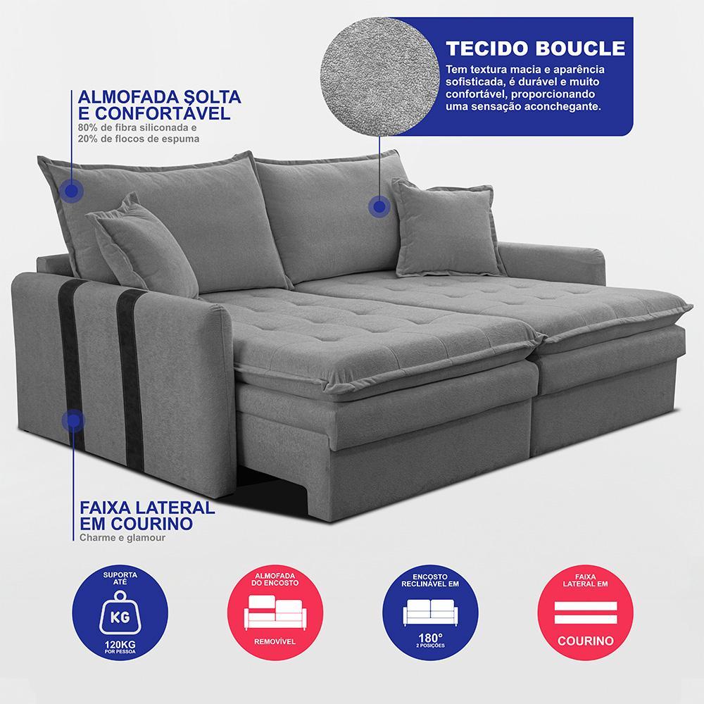 Sofá Baú Sem Caixa Retrátil 2,00m SoftGel Bonnie Boucle Cinza Claro Cama inBox - 3