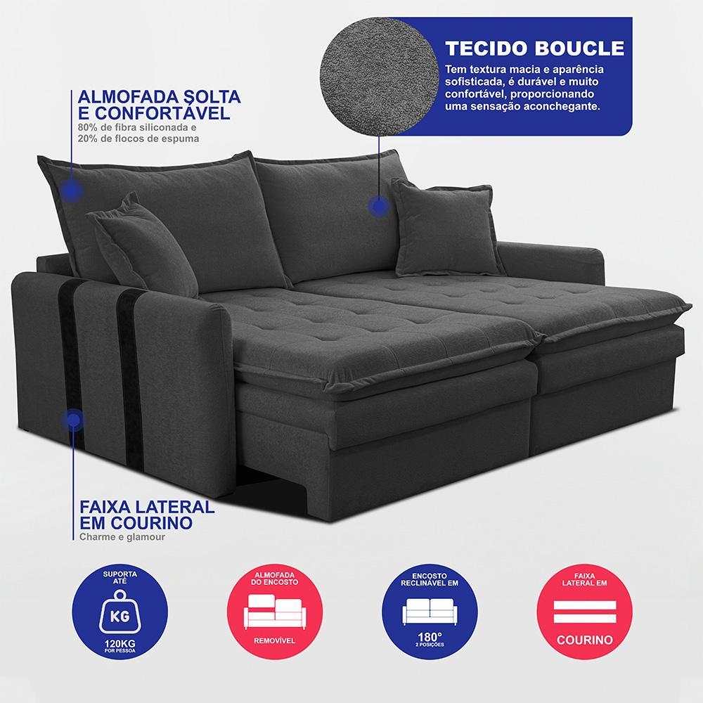Sofá Baú Sem Caixa Retrátil 1,60m SoftGel Bonnie Boucle Cinza Escuro Cama inBox - 3