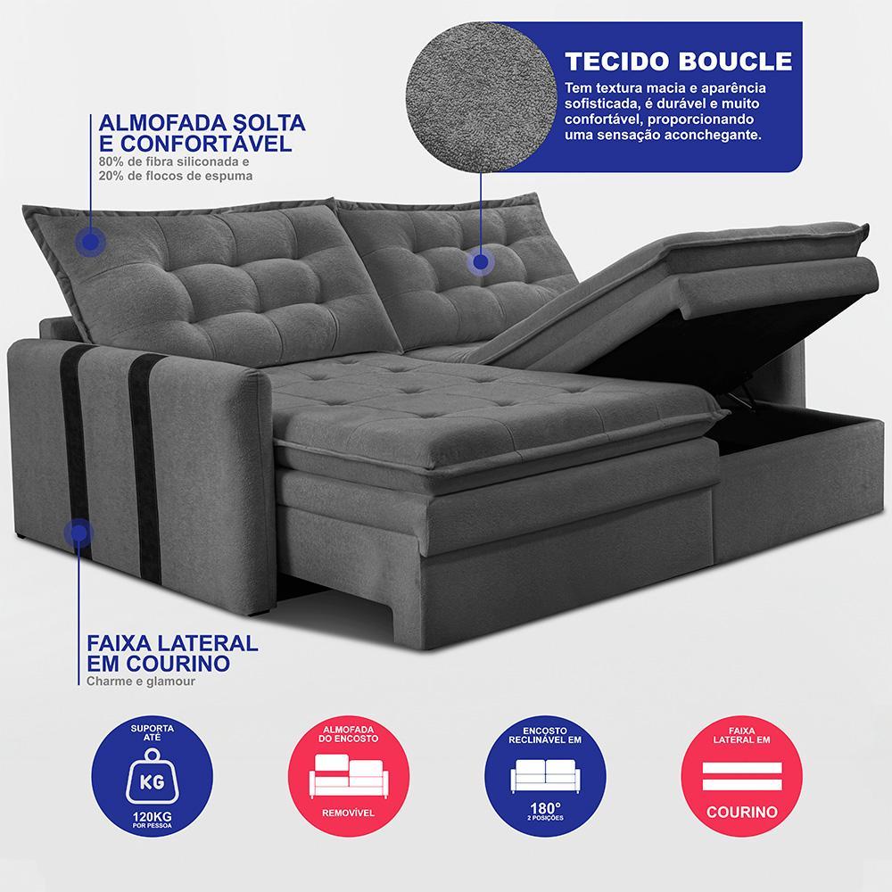 Sofá Baú Sem Caixa Retrátil 1,60m SoftGel Petit Boucle Cinza Escuro Cama inBox - 3