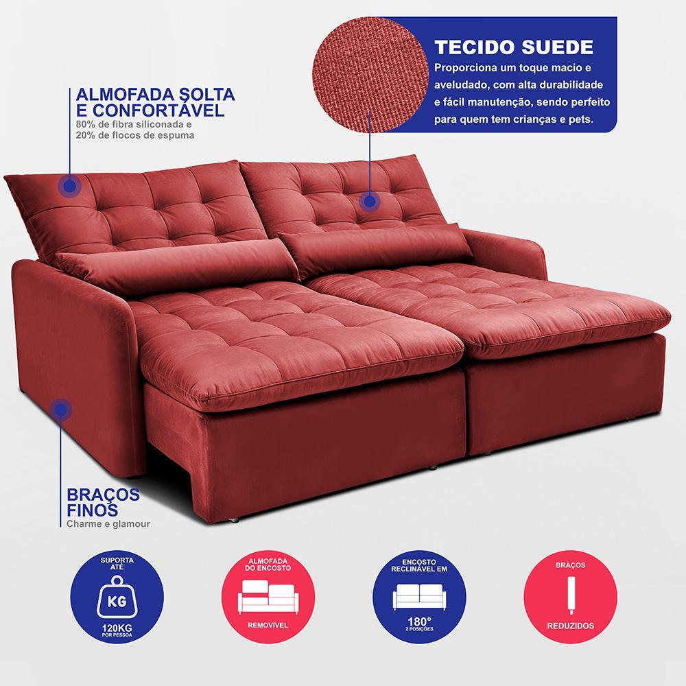 Sofá Sem Caixa Retrátil 1,80m SoftGel Celeste Velusoft Vermelho Cama inBox - 3