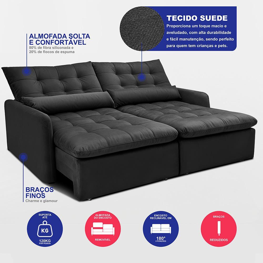 Sofá Sem Caixa Retrátil 1,60m SoftGel Celeste Velusoft Preto Cama inBox - 3