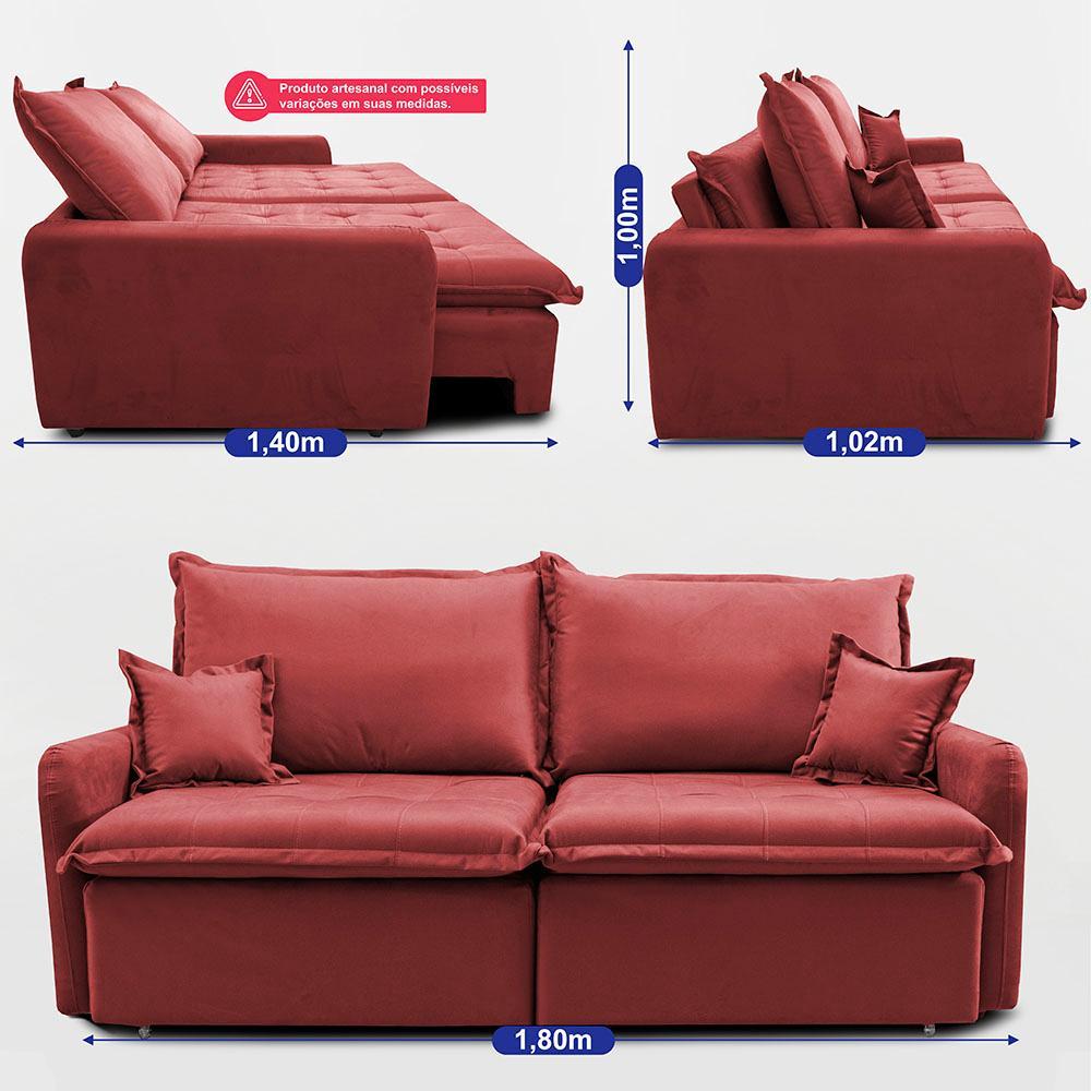 Sofá Sem Caixa Retrátil 1,80m SoftGel Luna Velusoft Vermelho Cama inBox - 4