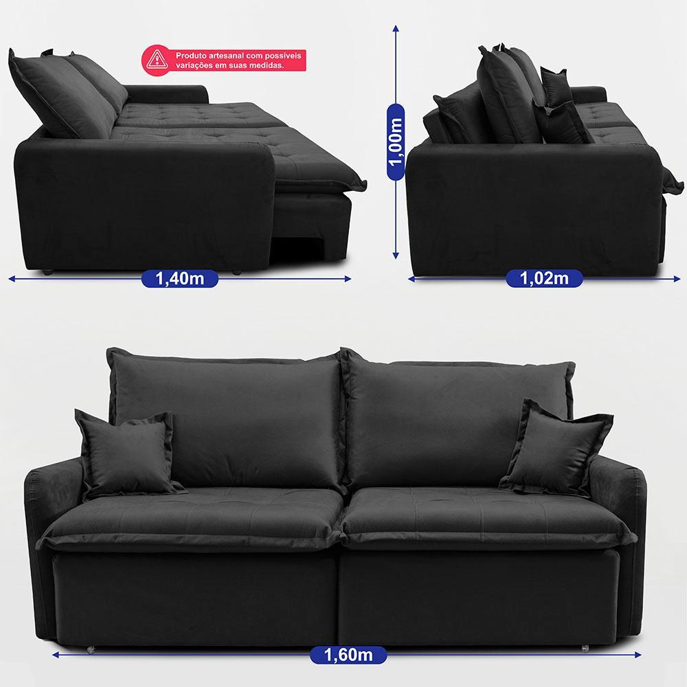 Sofá Sem Caixa Retrátil 1,60m SoftGel Luna Velusoft Preto Cama inBox - 4