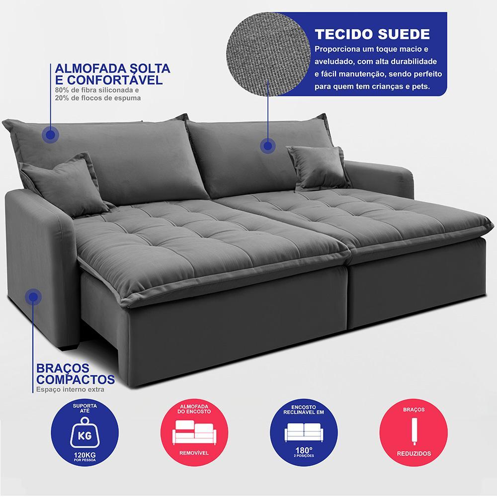 Sofá Sem Caixa Retrátil 1,60m SoftGel Luna Velusoft Cinza Cama inBox - 3