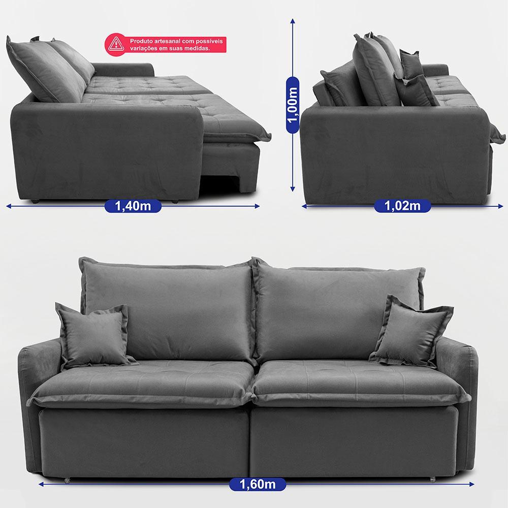 Sofá Sem Caixa Retrátil 1,60m SoftGel Luna Velusoft Cinza Cama inBox - 4