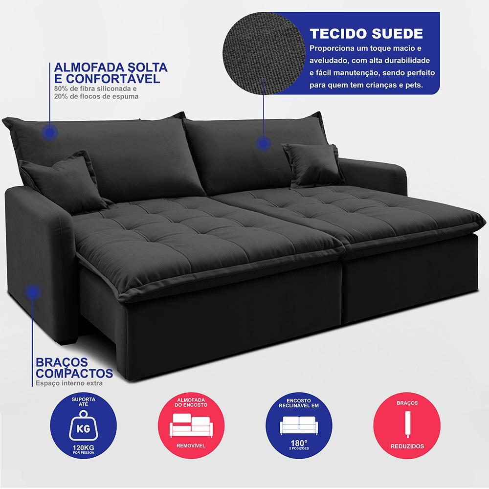 Sofá Sem Caixa Retrátil 2,00m SoftGel Luna Velusoft Preto Cama inBox - 3