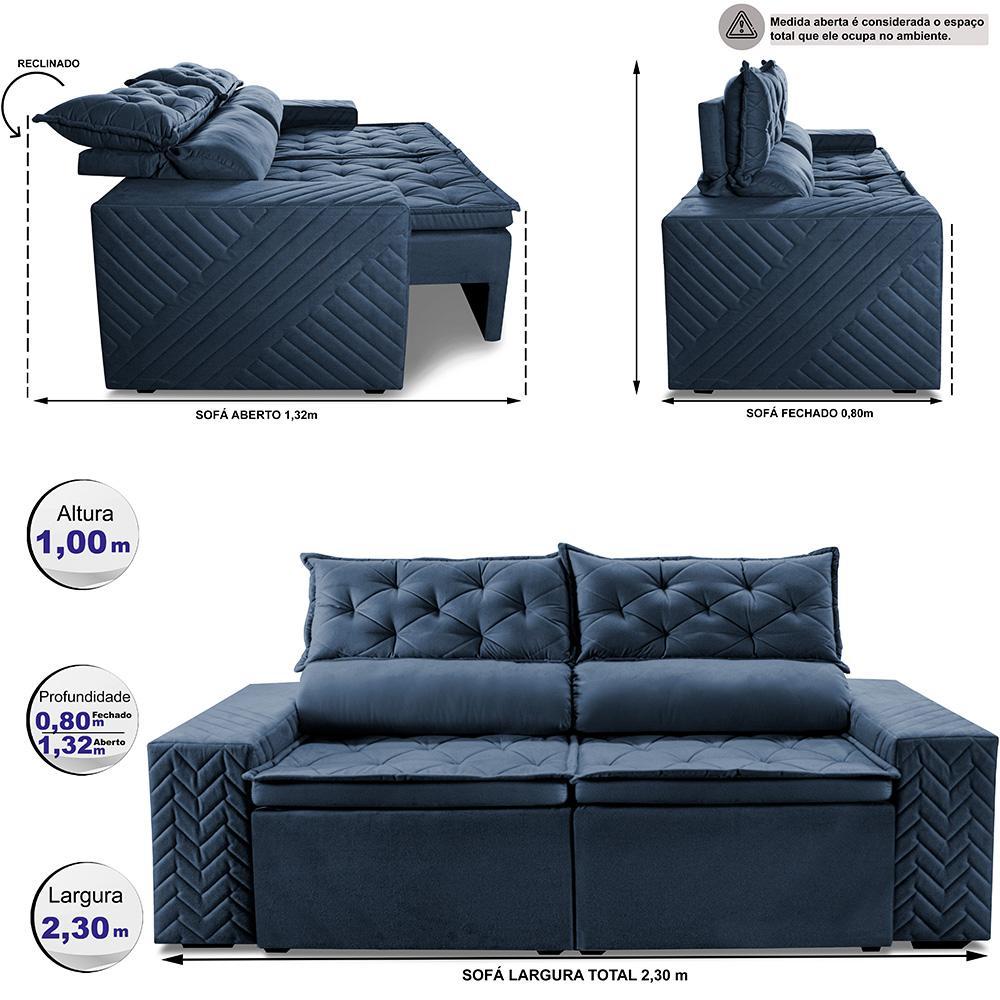 Sofá Retrátil e Reclinável 2,30m Essence Velusoft Azul Cama inBox - 2