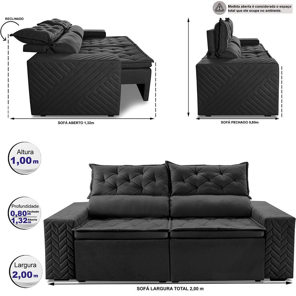 Sofá Retrátil e Reclinável 2,00m Essence Velusoft Preto Cama inBox - 2