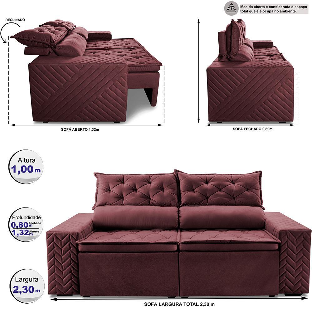 Sofá Retrátil e Reclinável 2,30m Essence Velusoft Vinho Cama inBox - 2