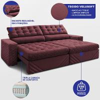 Sofá Retrátil e Reclinável 2,30m Molas Ensacadas Max Spring Velusoft Vinho Cama inBox - 2