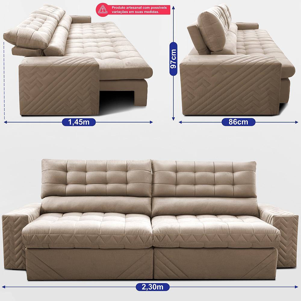 Sofá Retrátil e Reclinável 2,30m Molas Ensacadas Max Spring Velusoft Bege Cama inBox - 3
