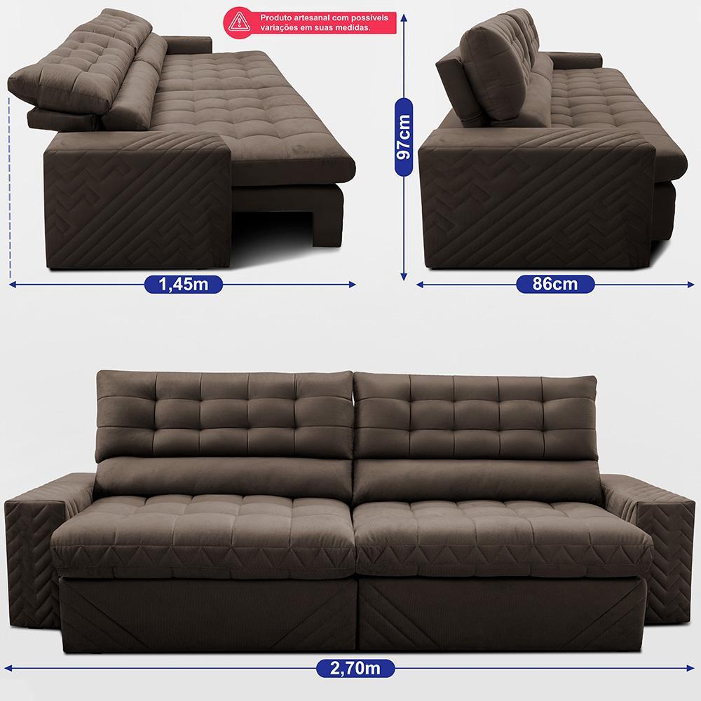 Sofá Retrátil e Reclinável 2,70m Molas Ensacadas Max Spring Velusoft Café Cama inBox - 3