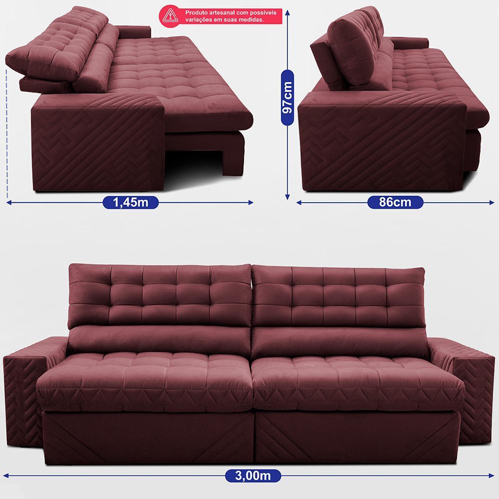 Sofá Retrátil e Reclinável 3,00m Molas Ensacadas Max Spring Velusoft Vinho Cama inBox - 3