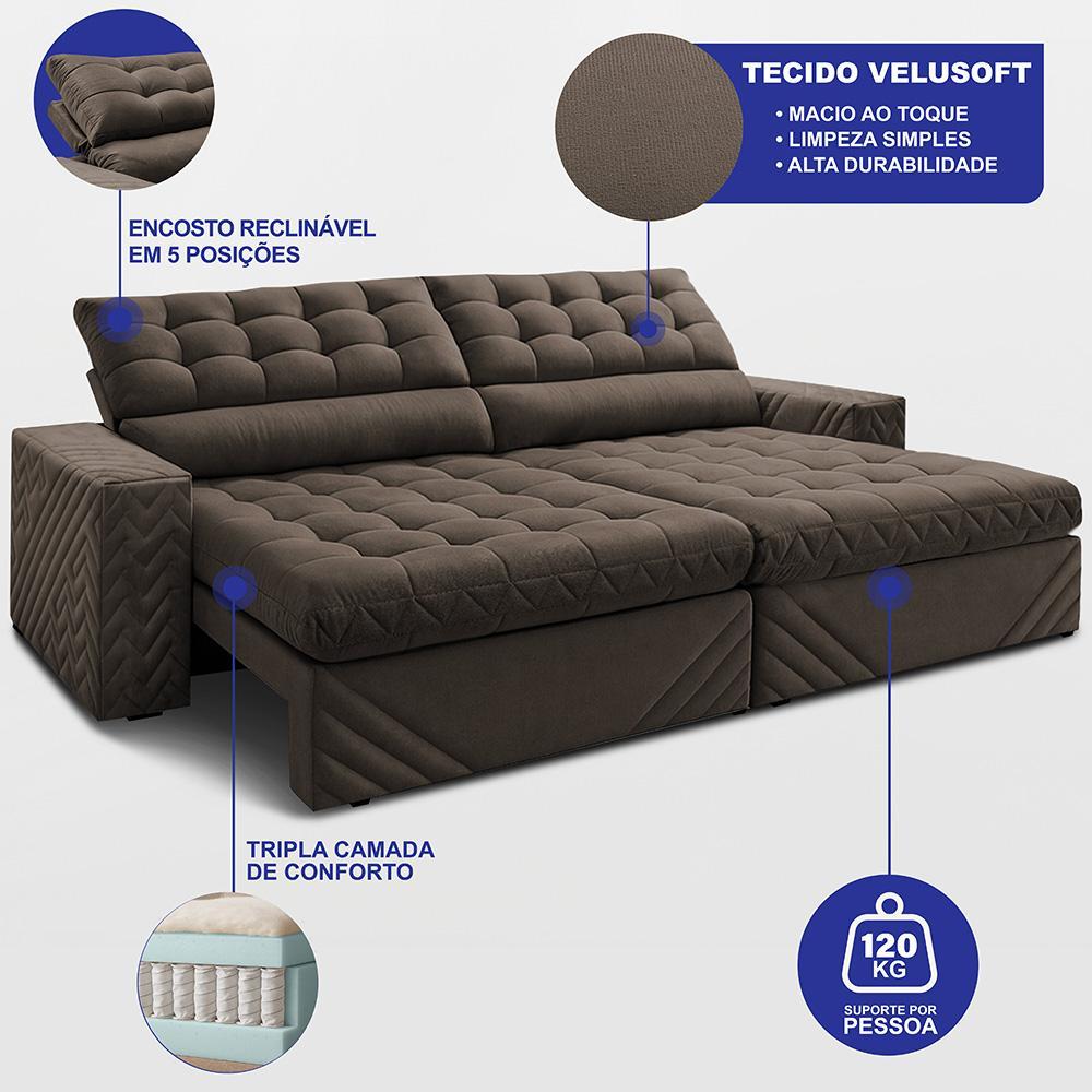 Sofá Retrátil e Reclinável 2,50m Molas Ensacadas Max Spring Velusoft Café Cama inBox - 2