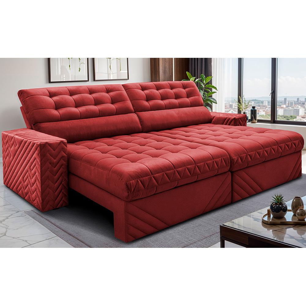 Sofá Retrátil e Reclinável 2,70m Molas Ensacadas Max Spring Velusoft Vermelho Cama inBox - 1
