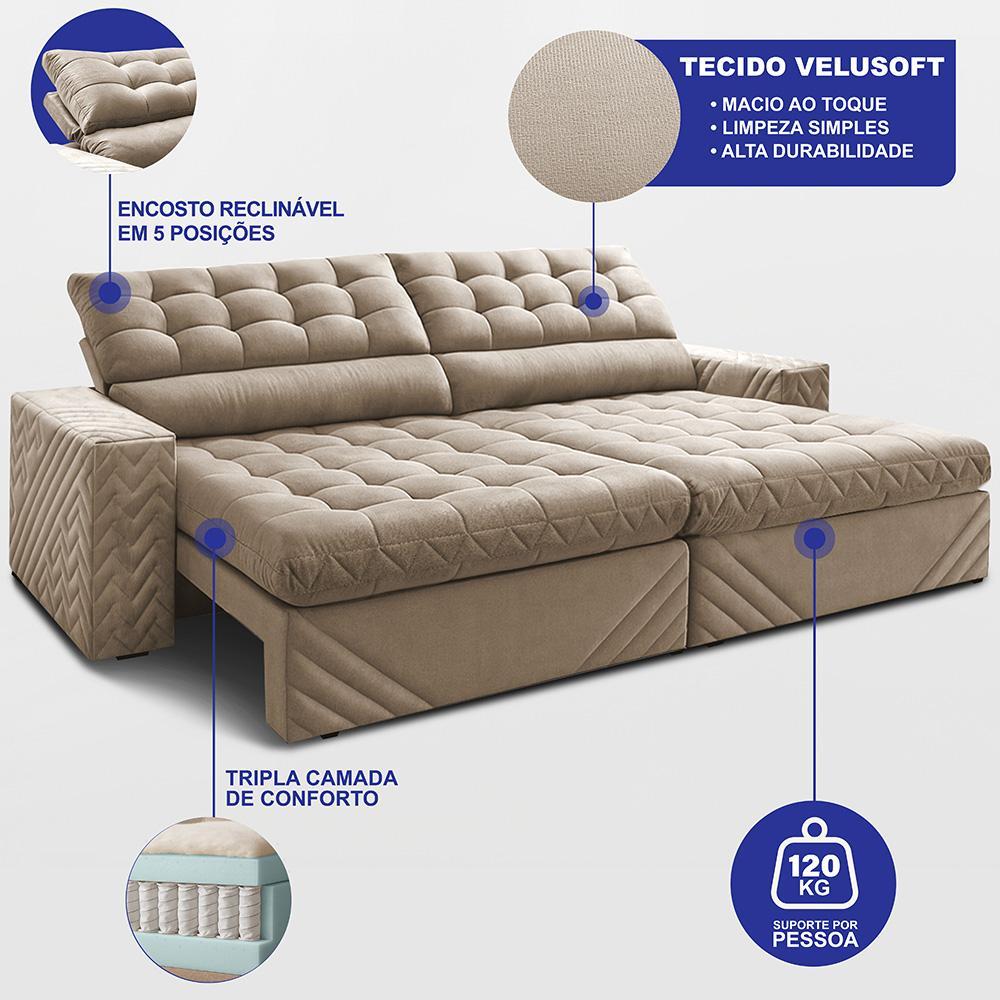 Sofá Retrátil e Reclinável 3,00m Molas Ensacadas Max Spring Velusoft Bege Cama inBox - 2