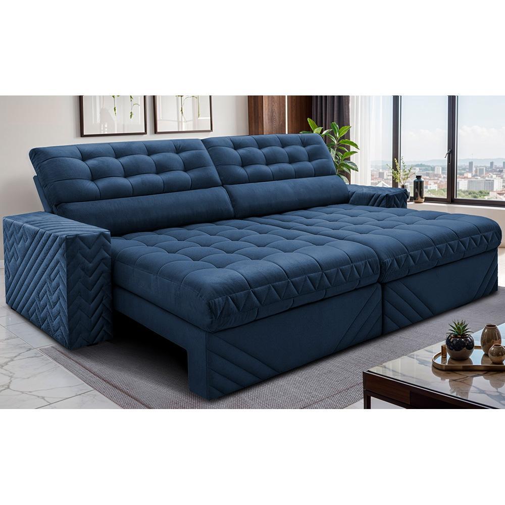 Sofá Retrátil e Reclinável 2,70m Molas Ensacadas Max Spring Velusoft Azul Cama inBox - 1