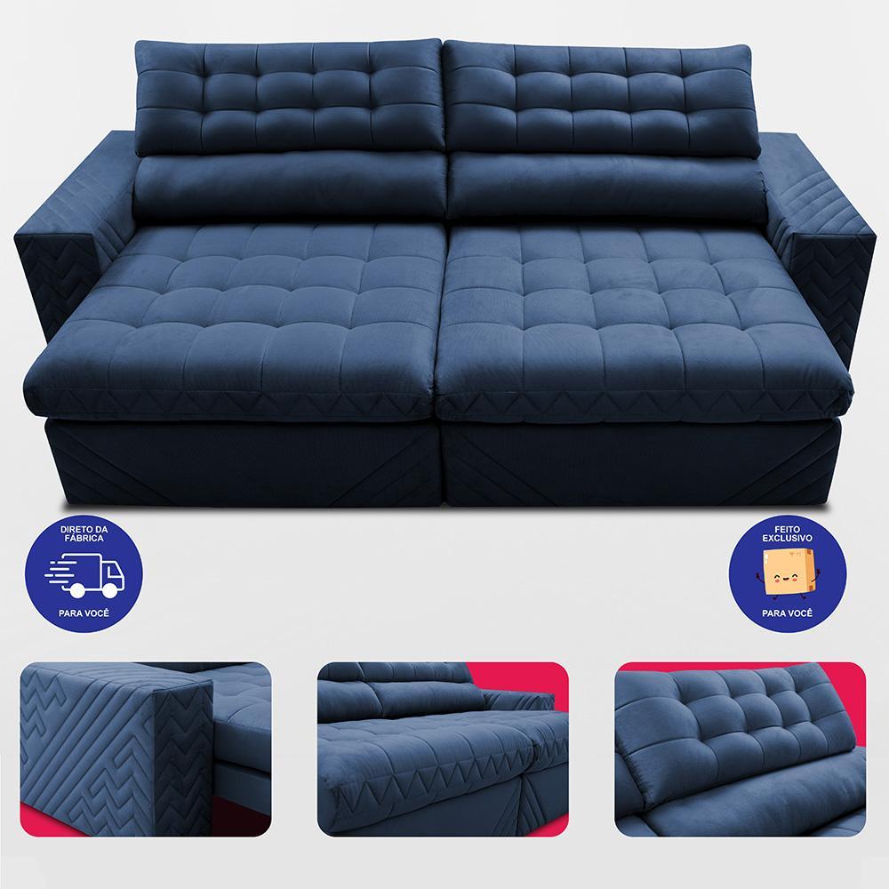 Sofá Retrátil e Reclinável 2,70m Molas Ensacadas Max Spring Velusoft Azul Cama inBox - 5