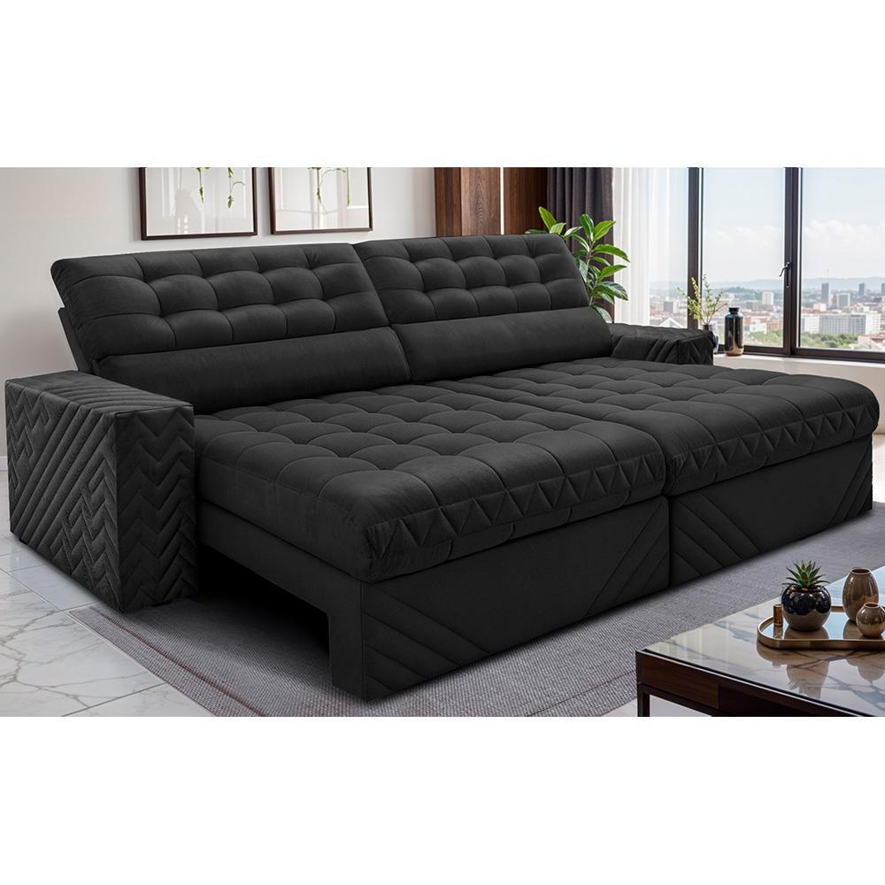 Sofá Retrátil e Reclinável 2,30m Molas Ensacadas Max Spring Velusoft Preto Cama inBox - 1