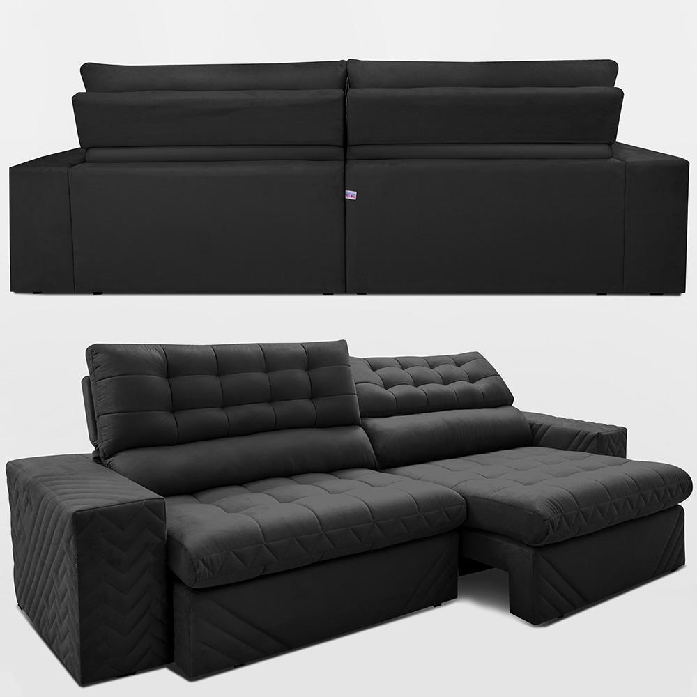 Sofá Retrátil e Reclinável 2,30m Molas Ensacadas Max Spring Velusoft Preto Cama inBox - 7