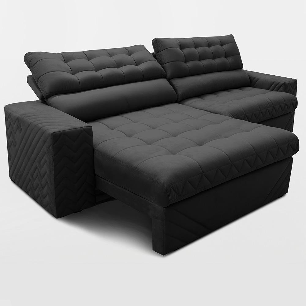 Sofá Retrátil e Reclinável 2,50m Molas Ensacadas Max Spring Velusoft Preto Cama inBox - 6