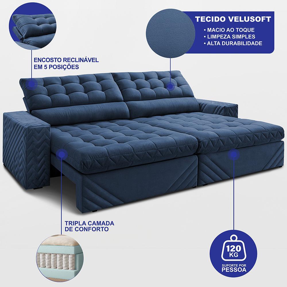 Sofá Retrátil e Reclinável 2,50m Molas Ensacadas Max Spring Velusoft Azul Cama inBox - 2