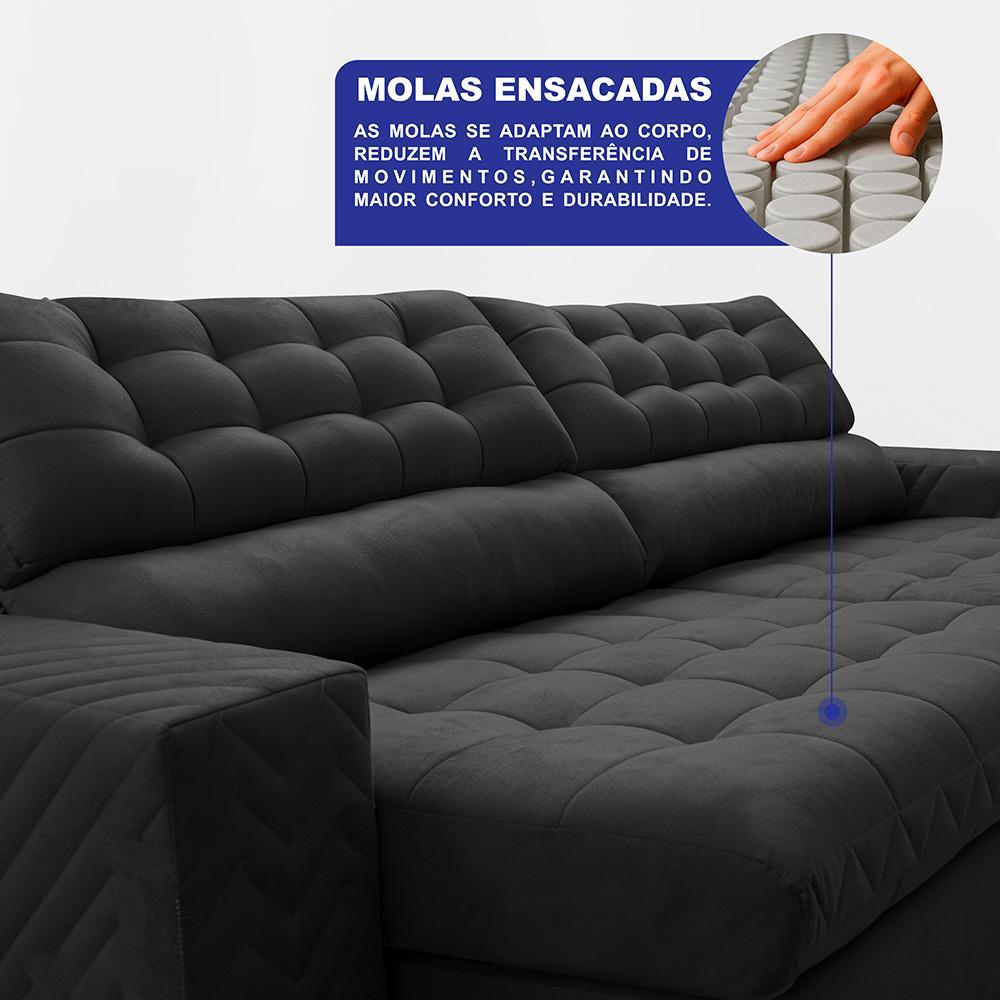 Sofá Retrátil e Reclinável 3,00m Molas Ensacadas Max Spring Velusoft Preto Cama inBox - 4