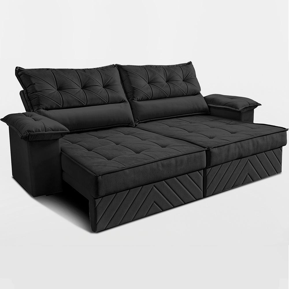 Sofá Retrátil e Reclinável 2,10m com Molas e Espuma D33 Thunder Velusoft Preto Cama inBox - 8