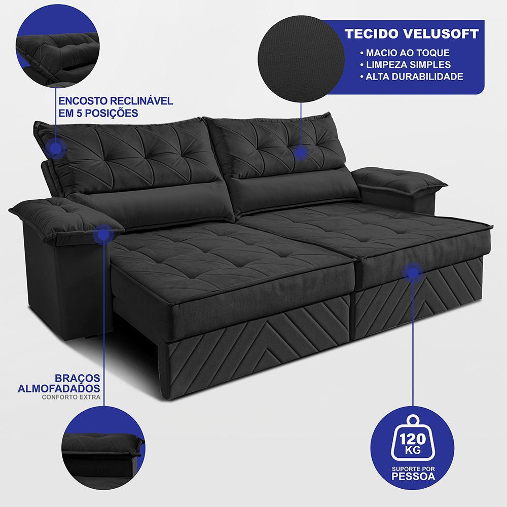 Sofá Retrátil e Reclinável 2,10m com Molas e Espuma D33 Thunder Velusoft Preto Cama inBox - 2