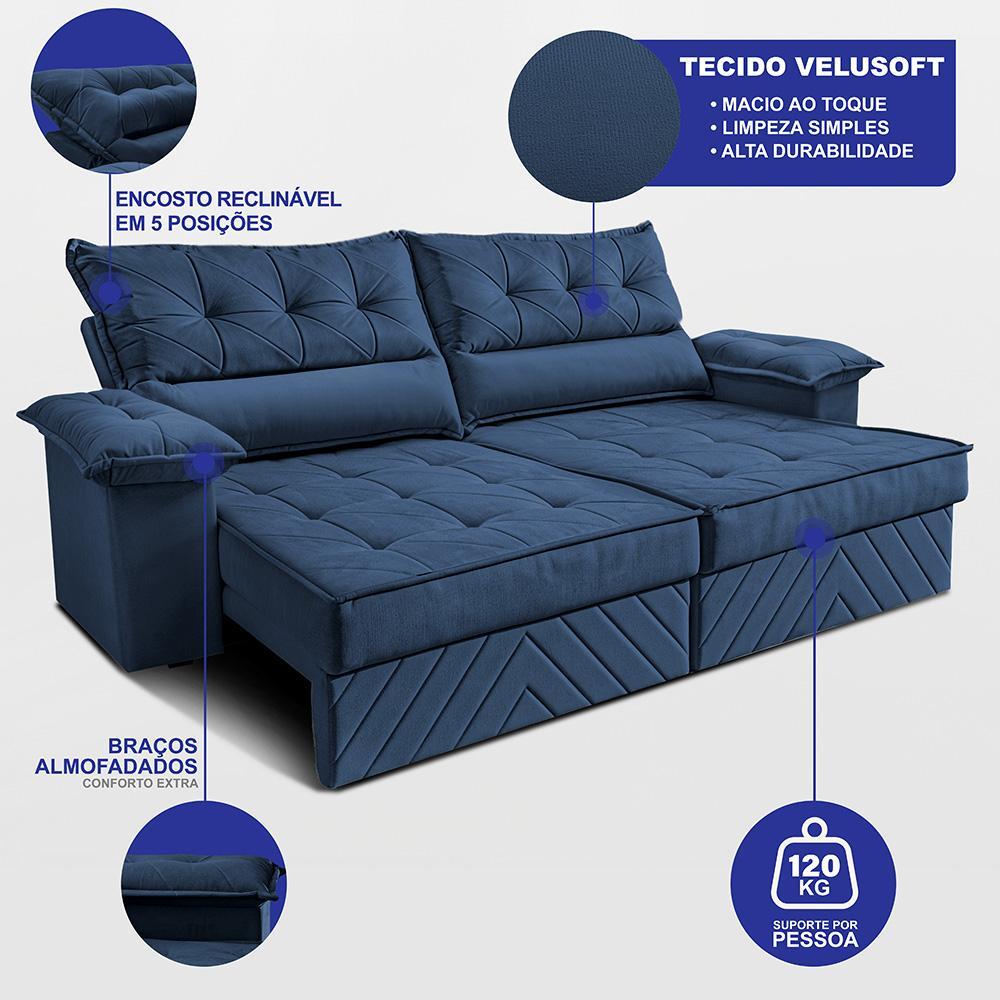Sofá Retrátil e Reclinável 2,40m com Molas e Espuma D33 Thunder Velusoft Azul Cama inBox - 2