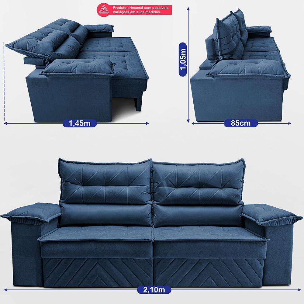 Sofá Retrátil e Reclinável 2,10m com Molas e Espuma D33 Thunder Velusoft Azul Cama inBox - 3